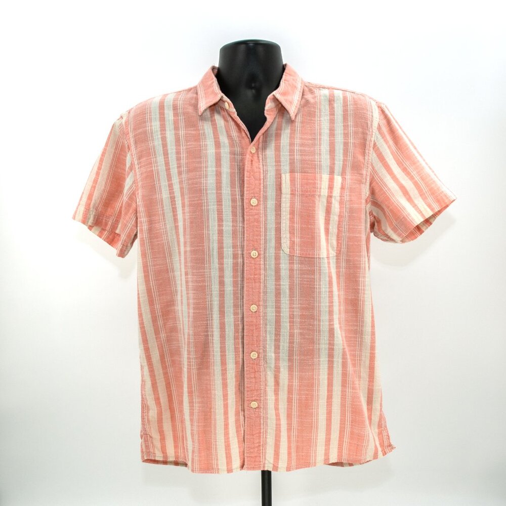 American Eagle Short-sleeve Button-up Shirt / Coral & Off-white / Men's MEDIUM